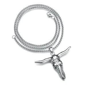 Complete bull skull pendant necklace with 60cm wheat link stainless steel chain, flat lay overhead composition