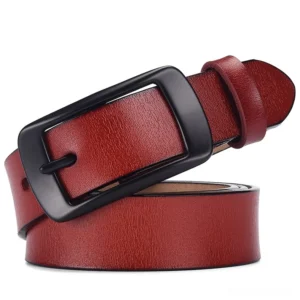 Deep burgundy genuine leather adjustable gothic belt with black pin buckle, minimalist design for dark fashion