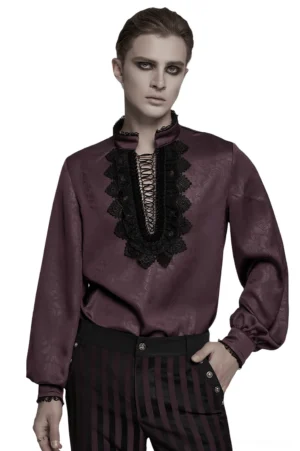 Burgundy gothic lace stand collar shirt front view on male model - black lace trim and lantern sleeves