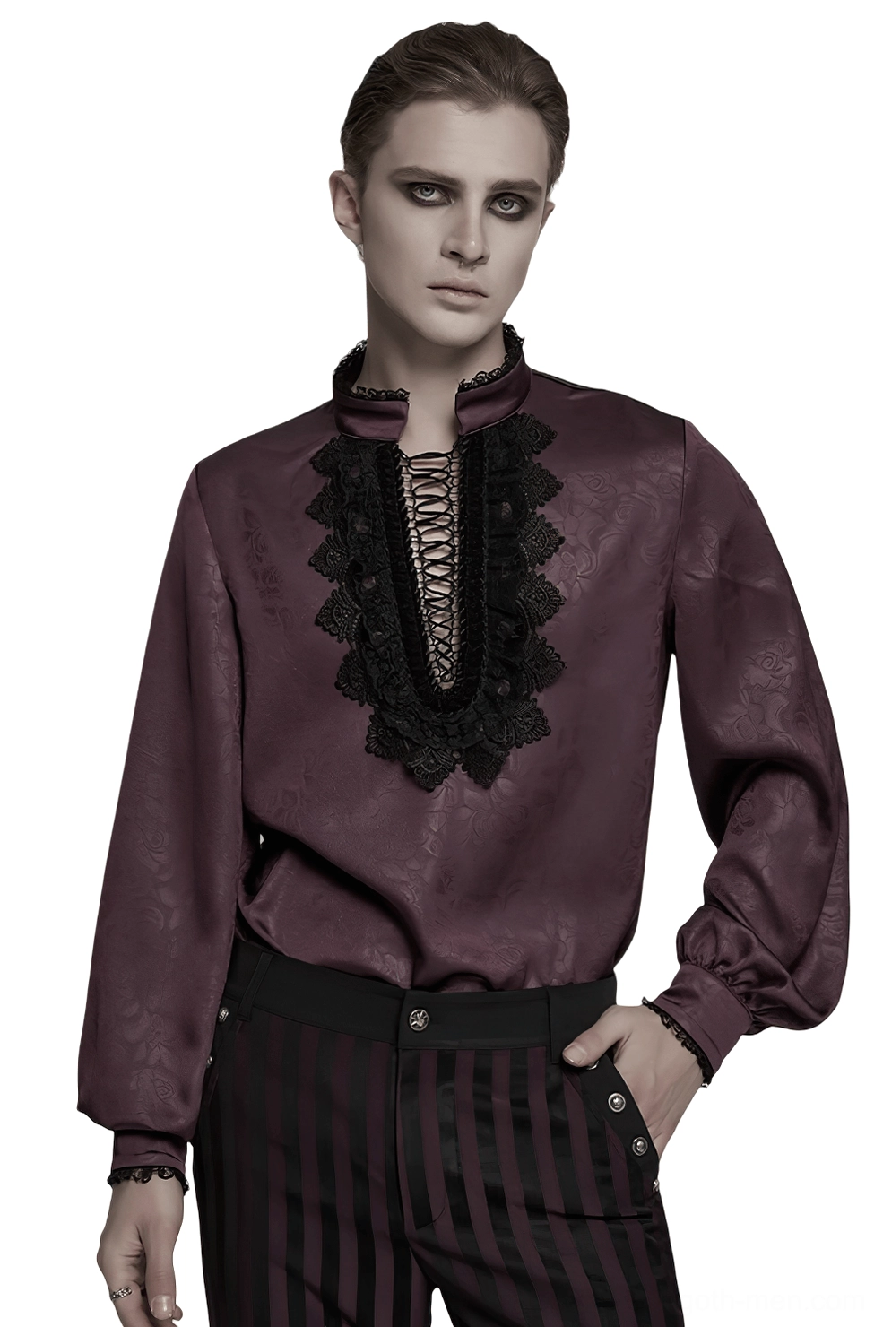 Burgundy gothic lace stand collar shirt front view on male model - black lace trim and lantern sleeves