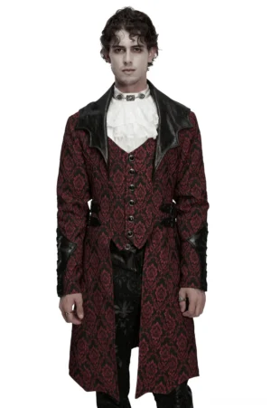 Burgundy gothic jacquard long coat with bat collar and leather trim front view on model