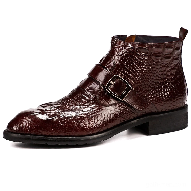 Burgundy gothic crocodile boots side view featuring single buckle strap and heel pull tab design