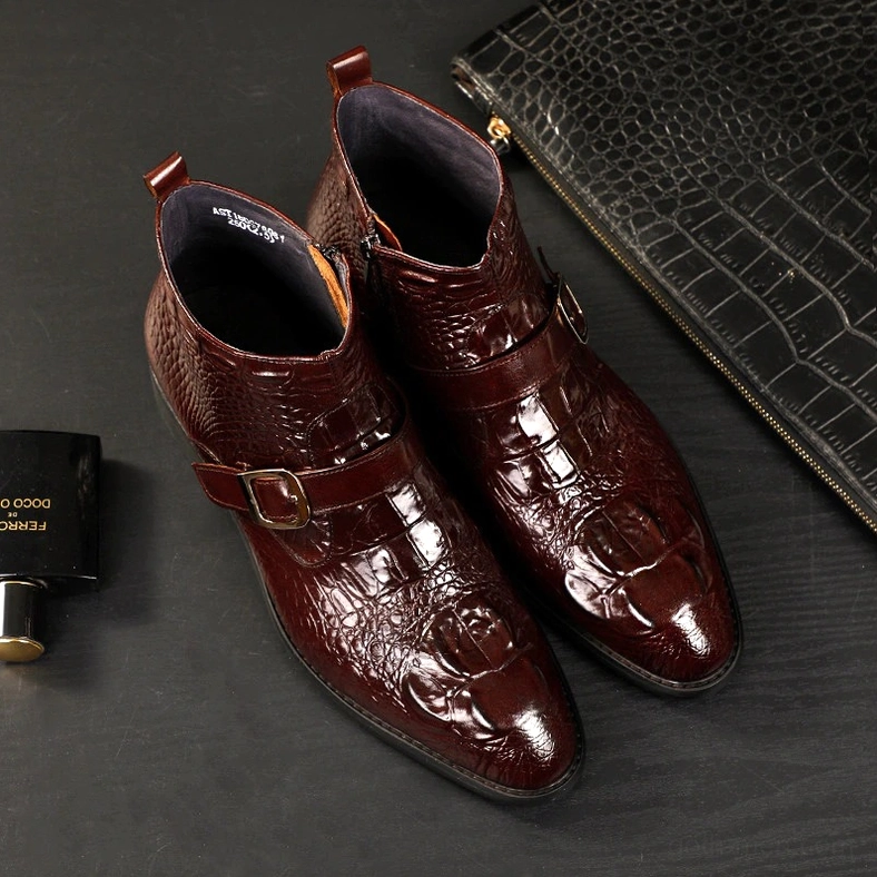 Burgundy gothic crocodile boots detailed view of buckle mechanism and leather grain pattern