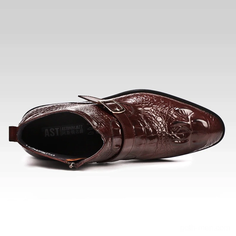Burgundy crocodile leather gothic boots top-down flat view showing side zipper closure and insole