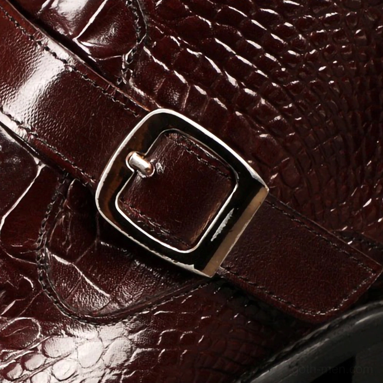 Burgundy gothic crocodile boots insole detail showing genuine pigskin lining and cushioning