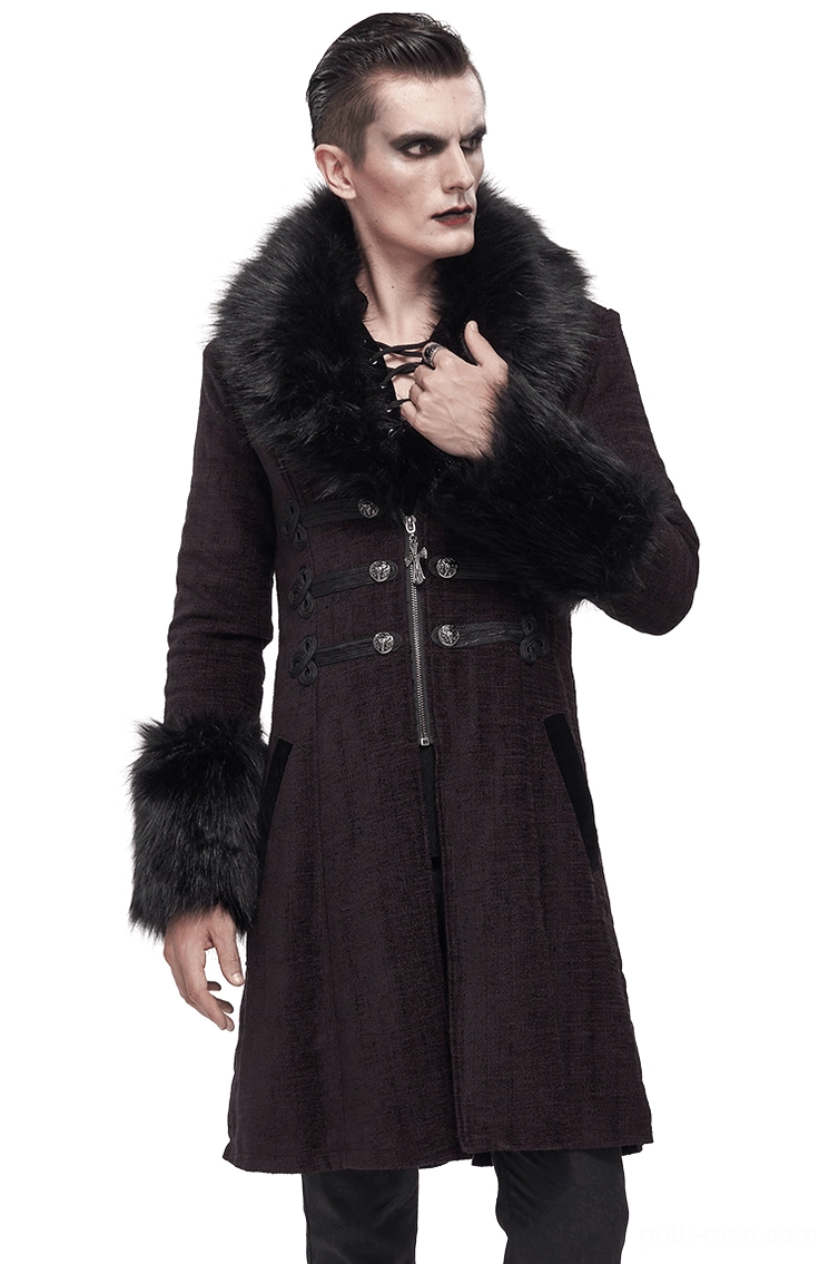 Mannequin back view of burgundy gothic coat displaying the tailored back seam, hem construction, and overall back silhouette