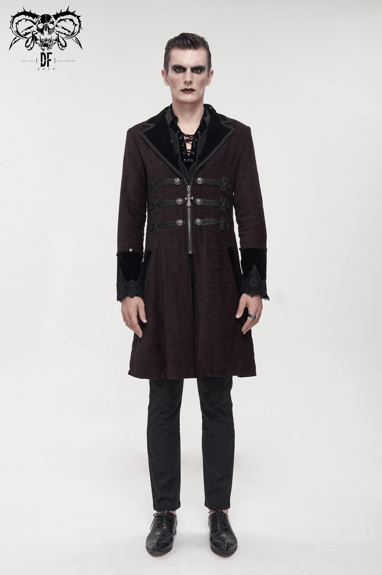 Back view of burgundy gothic mid-length coat on mannequin, showing solid dark fabric and tailored back seam construction