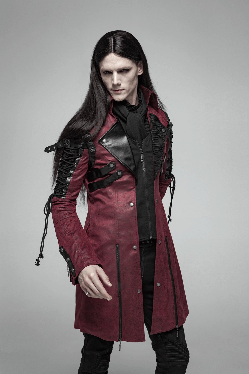 Gothic burgundy leather trench coat showing collar detail and upper body construction with lacing
