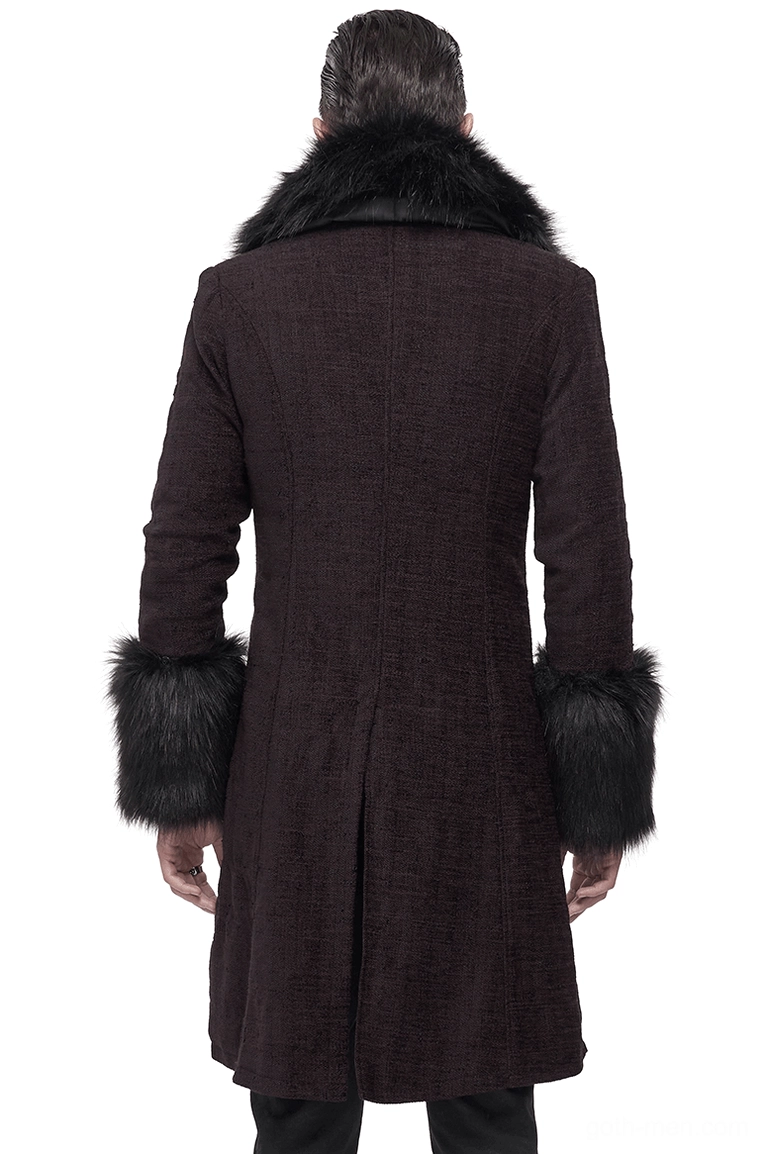 Burgundy gothic coat flat lay or hanger display showing full garment layout and overall dimensions