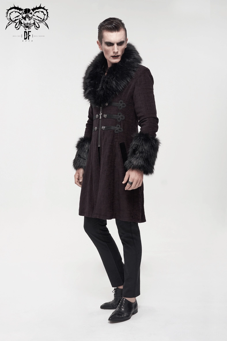 Full front view of burgundy gothic coat on mannequin, displaying contrast lapel, lace-trimmed cuffs, and overall fitted silhouette