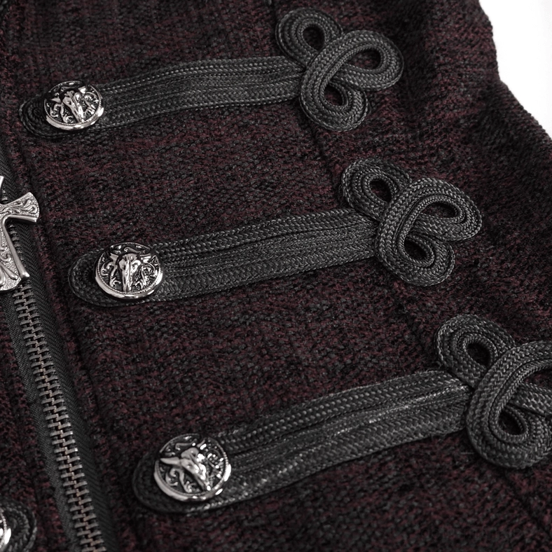 Lifestyle image of burgundy gothic coat demonstrating wearable styling with the detachable fur collar attached