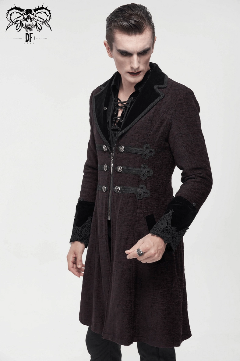 Mannequin display of burgundy gothic coat front view, showing contrast lapels and lace-trimmed cuffs detail