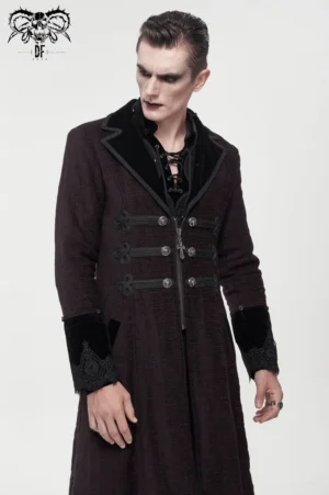 Male model from behind wearing burgundy gothic coat, displaying tailored back construction and hemline details