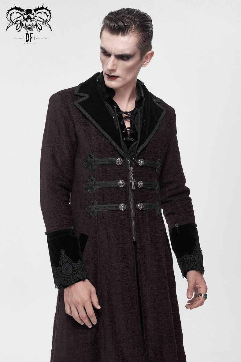 Male model from behind wearing burgundy gothic coat, displaying tailored back construction and hemline details