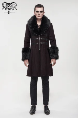 Male model wearing burgundy gothic mid-length coat with detachable black faux fur collar, front three-quarter view showcasing fitted silhouette and ornamental frog fasteners