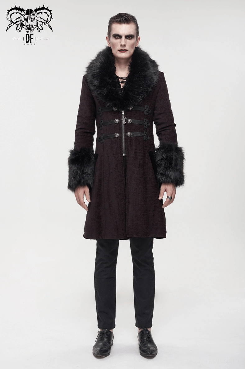Male model wearing burgundy gothic mid-length coat with detachable black faux fur collar, front three-quarter view showcasing fitted silhouette and ornamental frog fasteners