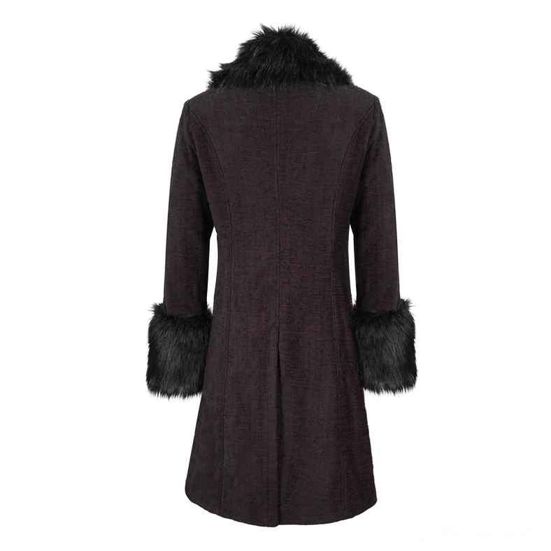 Burgundy gothic mid-length coat displayed on mannequin, full frontal view showing overall shape and silhouette proportions