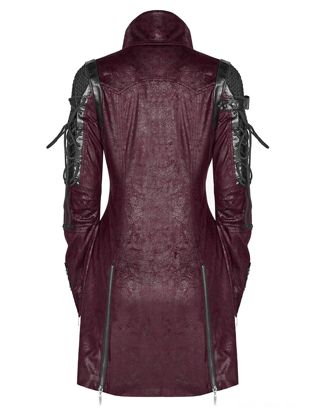 Burgundy gothic trench coat rear flat lay view displaying slim cut and side hem zipper construction