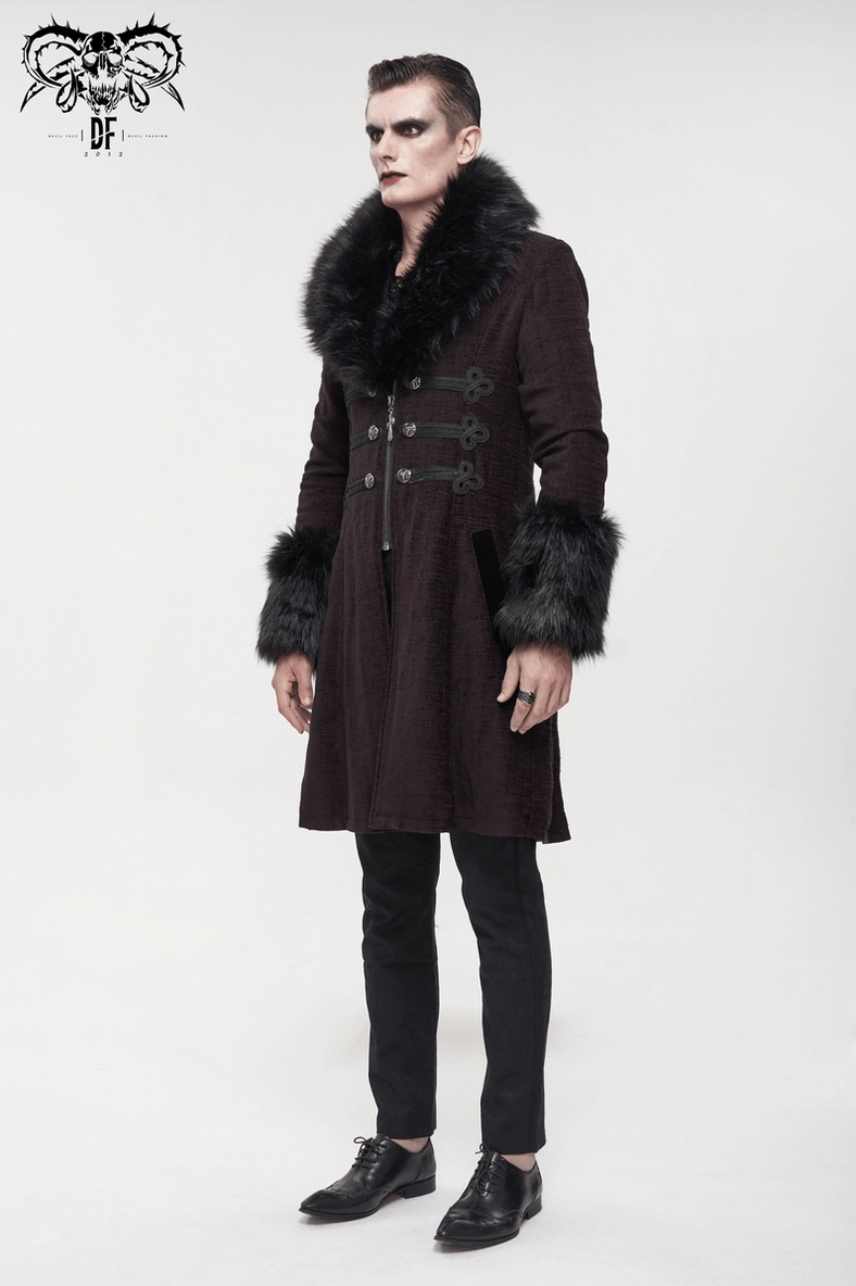 Alternative angle of burgundy gothic coat highlighting the garment's structured shoulders and fitted waist construction