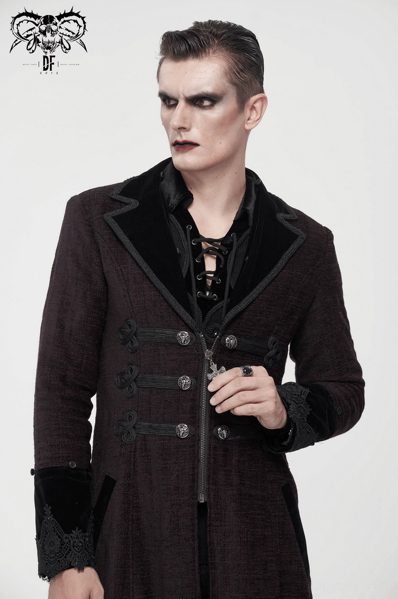 Side front angle of burgundy gothic coat on mannequin, highlighting faux fur trim and hidden front zipper closure