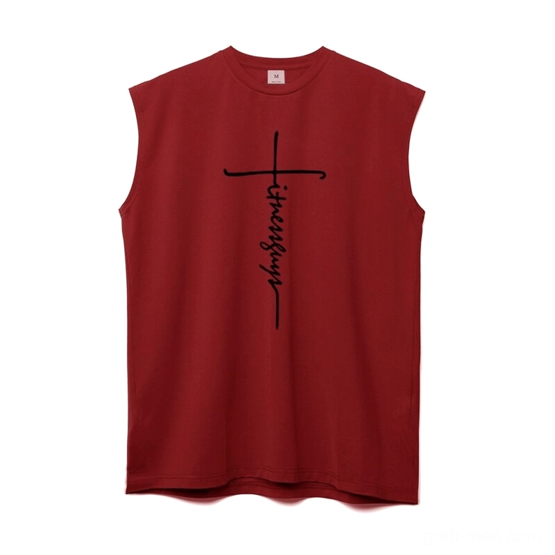 Burgundy gothic cross letter print sleeveless tank top flat lay, front detail view
