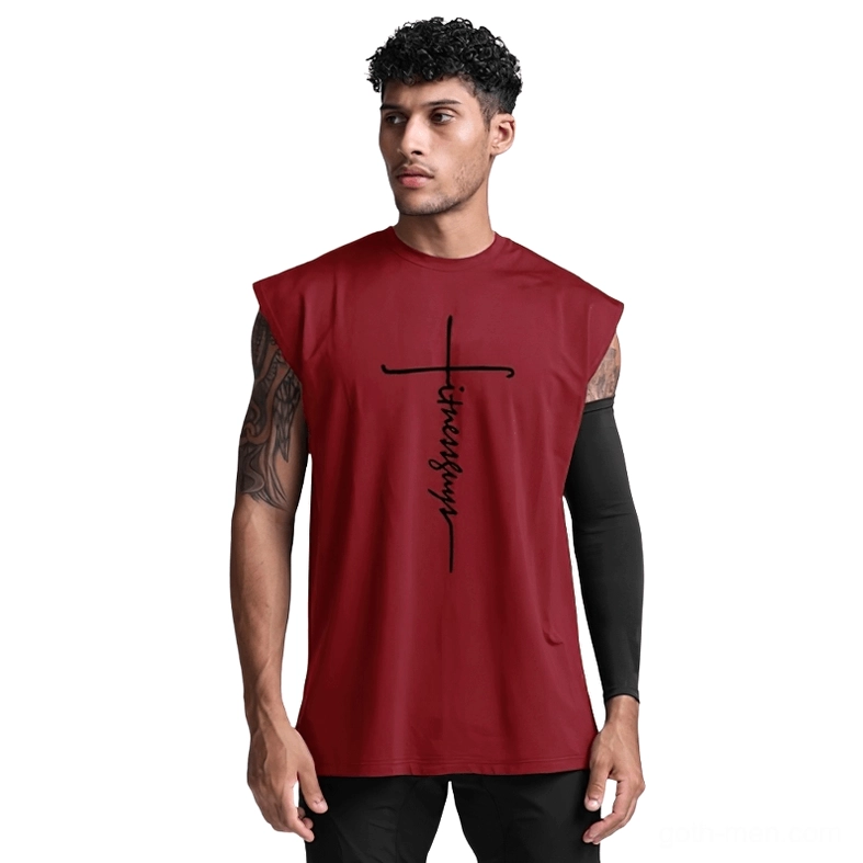 Burgundy gothic cross letter print sleeveless tank top worn by tattooed male model, front view