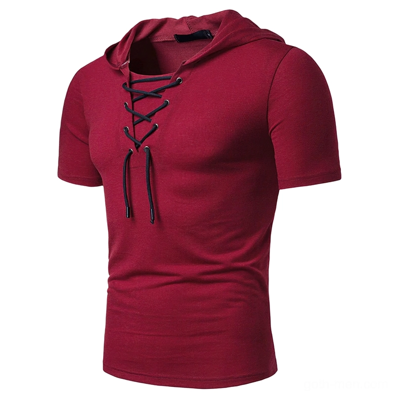 Burgundy gothic hooded lace-up t-shirt front studio view