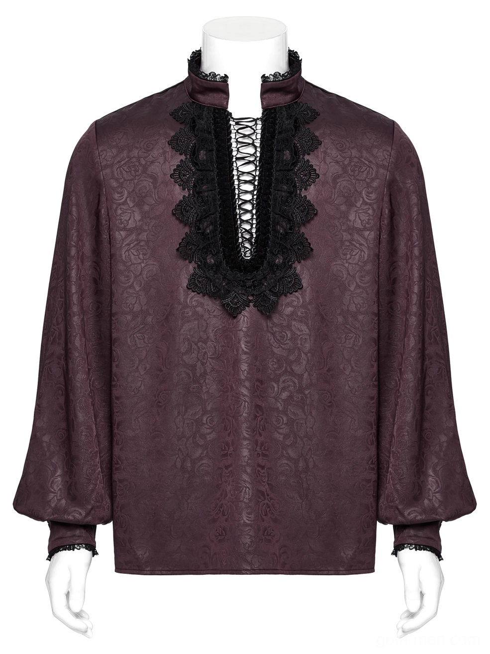 Burgundy gothic shirt front mannequin view - full floral jacquard fabric and lantern sleeves