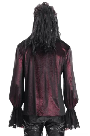 Back view of burgundy gothic vampire lace shirt with full bishop sleeves and ruffled lace cuffs paired with leather pants