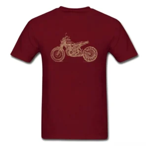 Burgundy dark aesthetic motorcycle t-shirt with gold line art graphic on chest