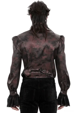 Gothic burgundy puff sleeve shirt back view worn by goth model - padded shoulders and marbled satin fabric with structured silhouette