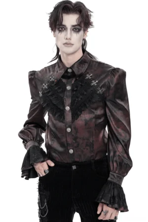 Burgundy gothic puff sleeve shirt with silver cross details front view on male model - dark marbled fabric with black lace chest panel