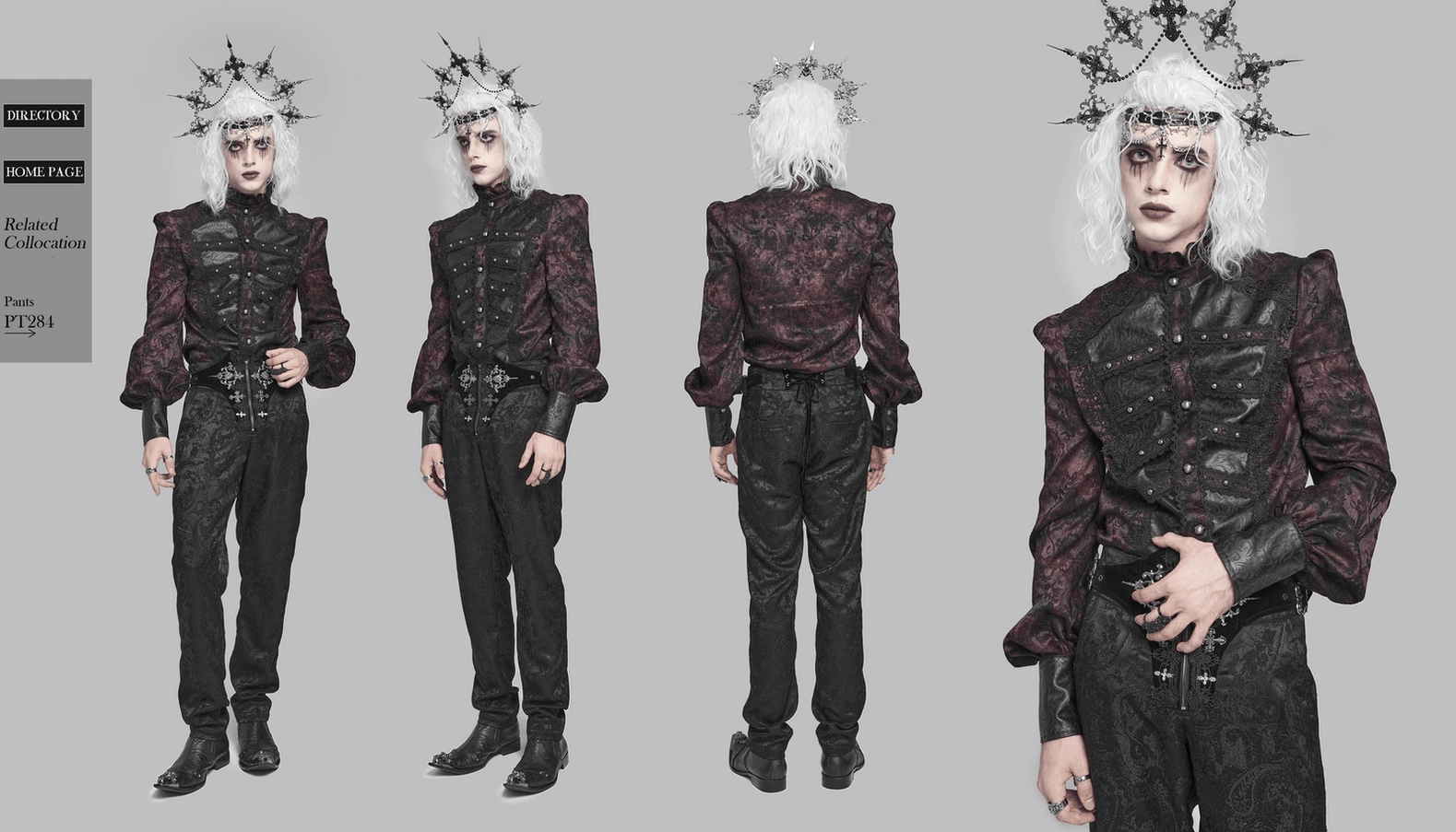 Burgundy victorian gothic shirt showcasing complete design from collar to hem with all embellishments