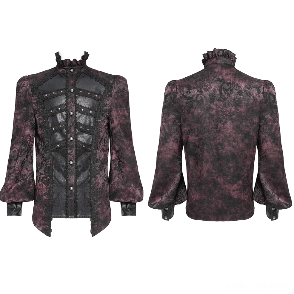 Burgundy gothic romantic shirt front and back flat lay showing marbled fabric and lace trim details