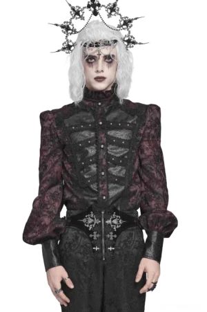Burgundy Victorian gothic shirt front view on model with ruffled collar and faux leather panels