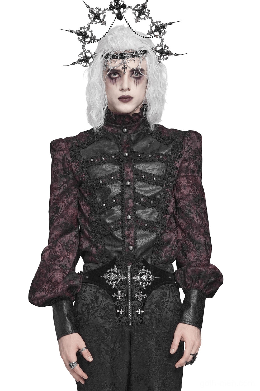 Burgundy Victorian gothic shirt front view on model with ruffled collar and faux leather panels