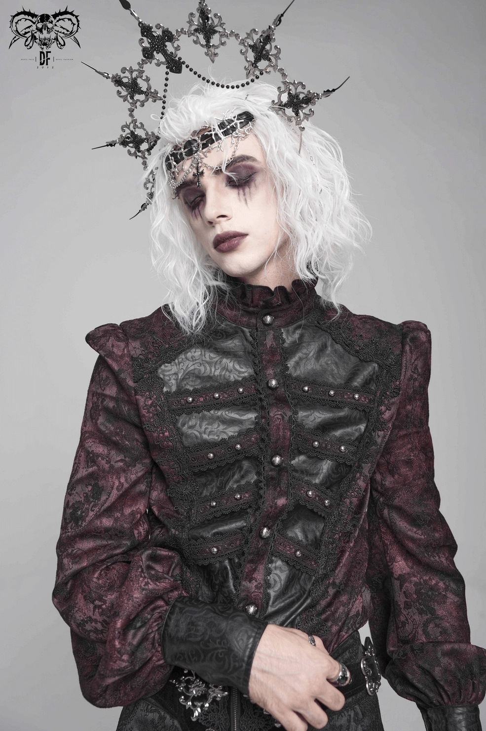 Full body view of burgundy gothic shirt worn with styling accessories and dark aesthetic