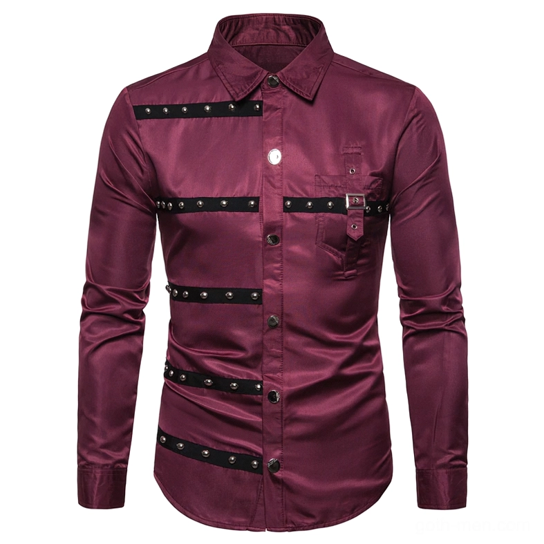 Burgundy wine gothic studded long sleeve shirt front with decorative metal studs