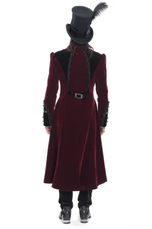 Burgundy gothic tailcoat rear view showing long split tail hem, waist buckle strap, and dramatic back silhouette