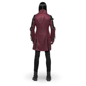 Gothic burgundy leather trench coat rear view showing side hem zippers and tailored waist seaming