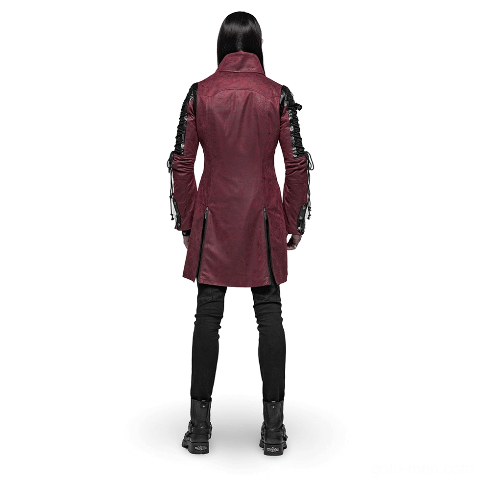 Gothic burgundy leather trench coat rear view showing side hem zippers and tailored waist seaming