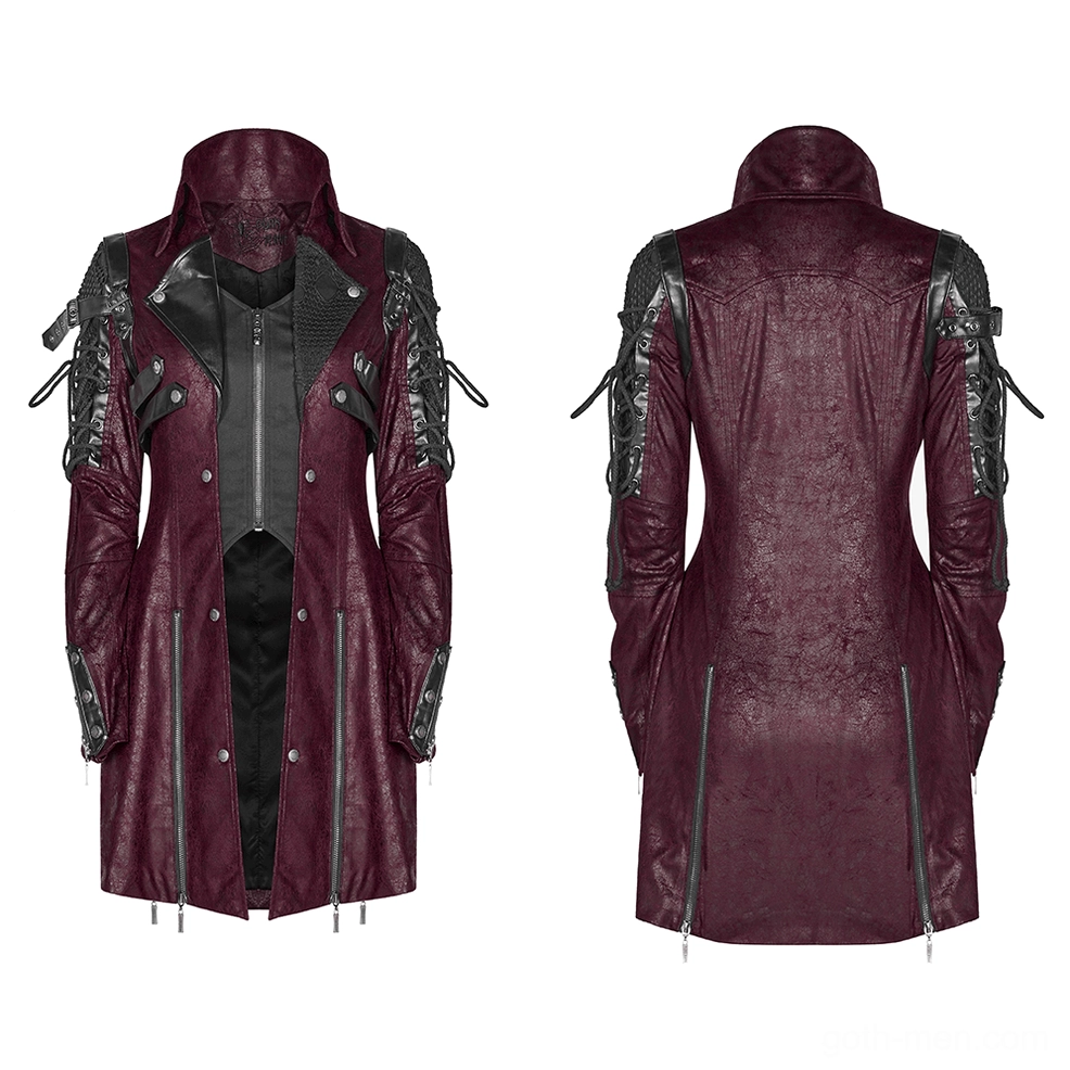Burgundy gothic leather trench coat flat lay front view with contrast black panels and lace-up sleeves