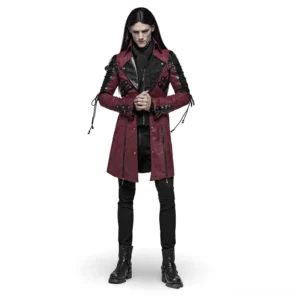 Burgundy leather gothic trench coat with laced sleeves front view on model with long hair against white background