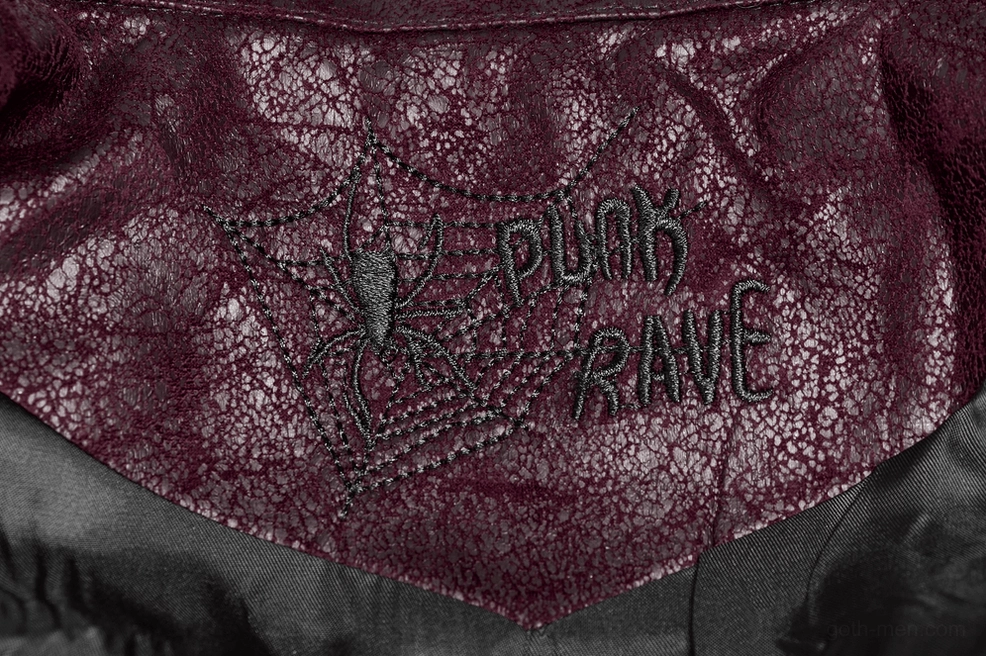 Full-length burgundy gothic leather trench coat layered styling showcasing dramatic silhouette