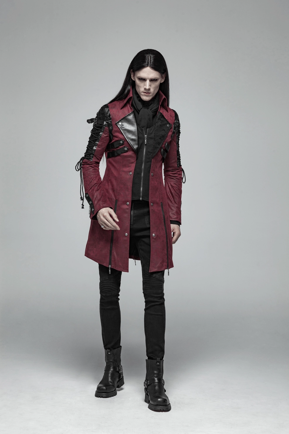 Gothic burgundy leather trench coat worn on model demonstrating fit and dramatic drape