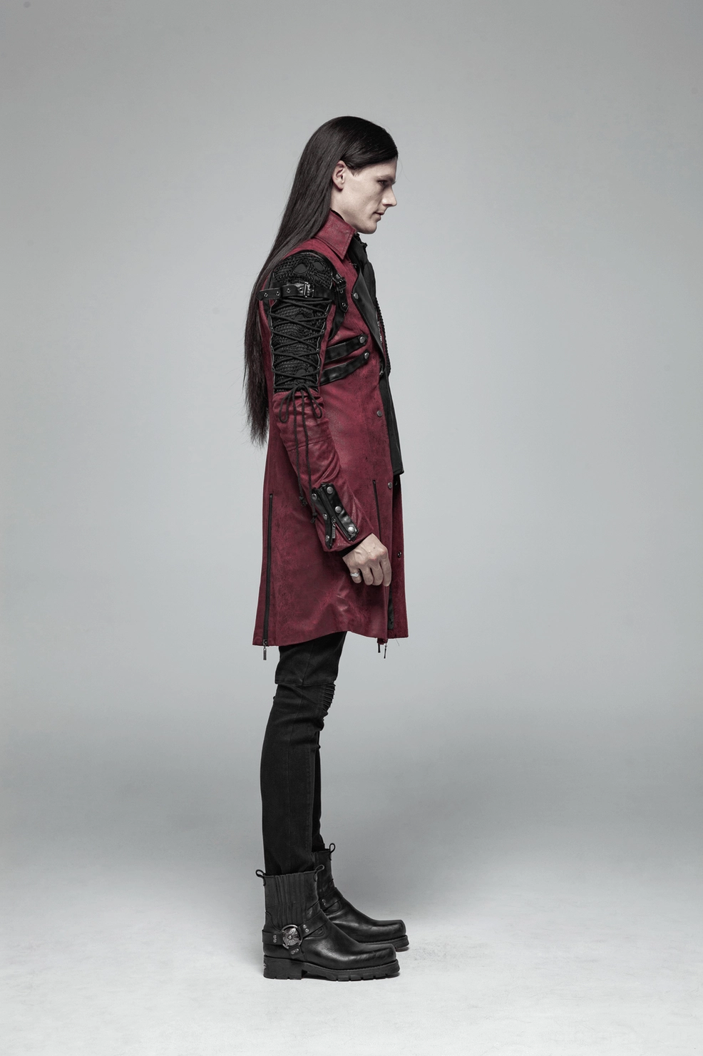Gothic burgundy leather trench coat full-body rear view on model showing tailored waist and length