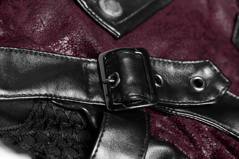 Burgundy gothic leather trench coat showing contrast stitching and tailored construction details