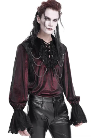Burgundy gothic lace-up vampire shirt with metal chain details, black lace cuffs, and bishop sleeves - front three-quarter view on male model