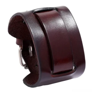 Burgundy brown genuine leather gothic cuff bracelet with double strap design and silver hardware