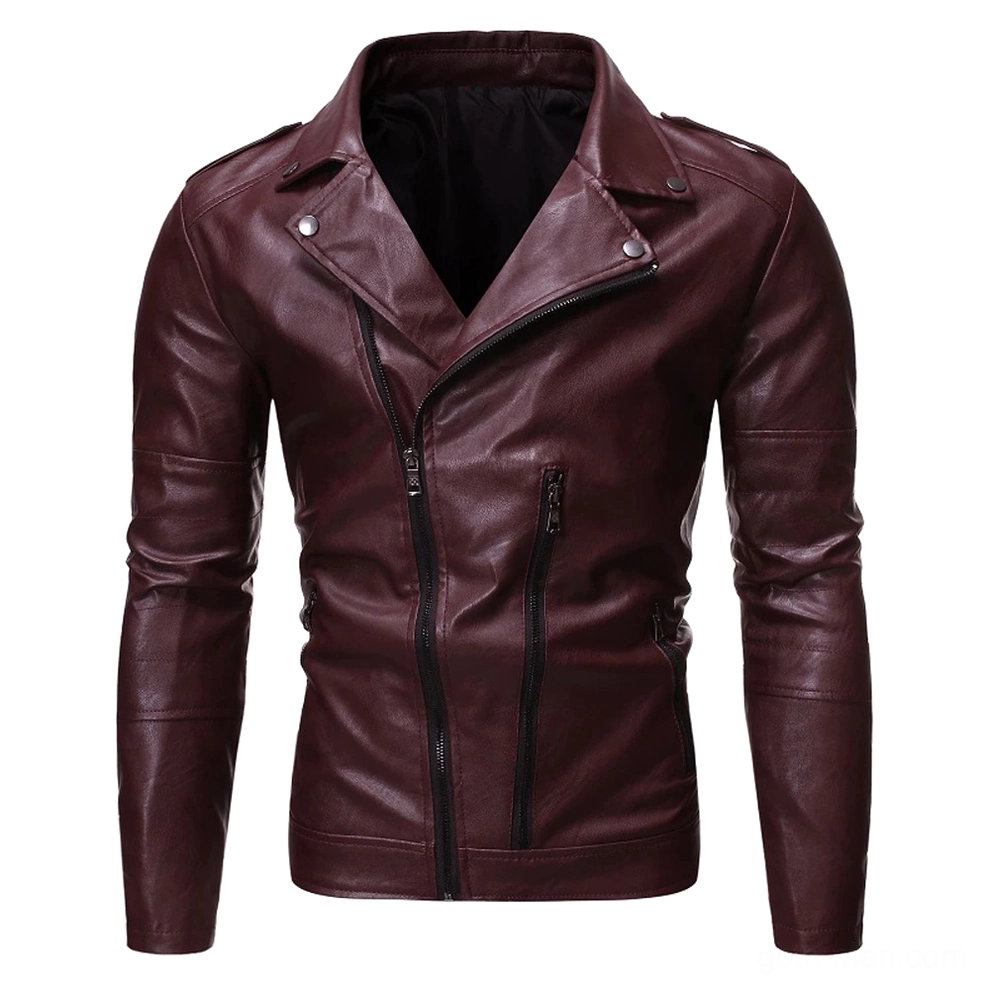 Burgundy gothic biker jacket detailed front view showing metal zippers and snap buttons